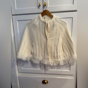 Vintage Sherri Child’s Cape Poncho Ivory 1960-70’s Knit Sweater with Fringe